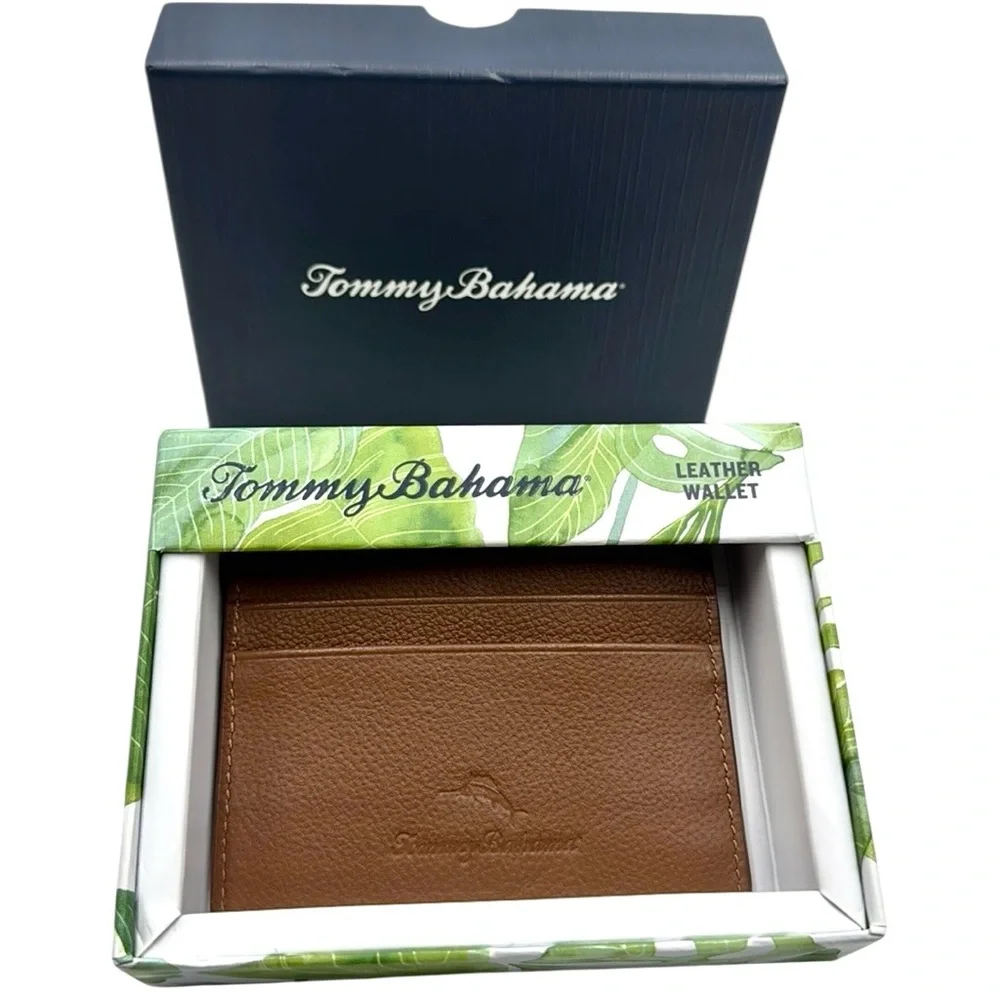 Tommy Bahama Tan Basket Weave Leather Card Case Slim Wallet Men's